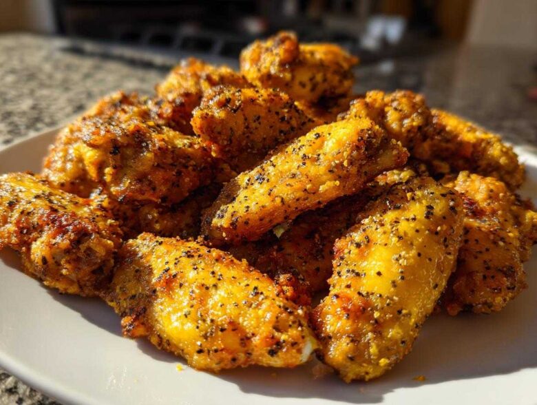 A close-up of crispy, golden Air Fryer Lemon Pepper Wings heavily seasoned with black pepper, piled on a white plate.