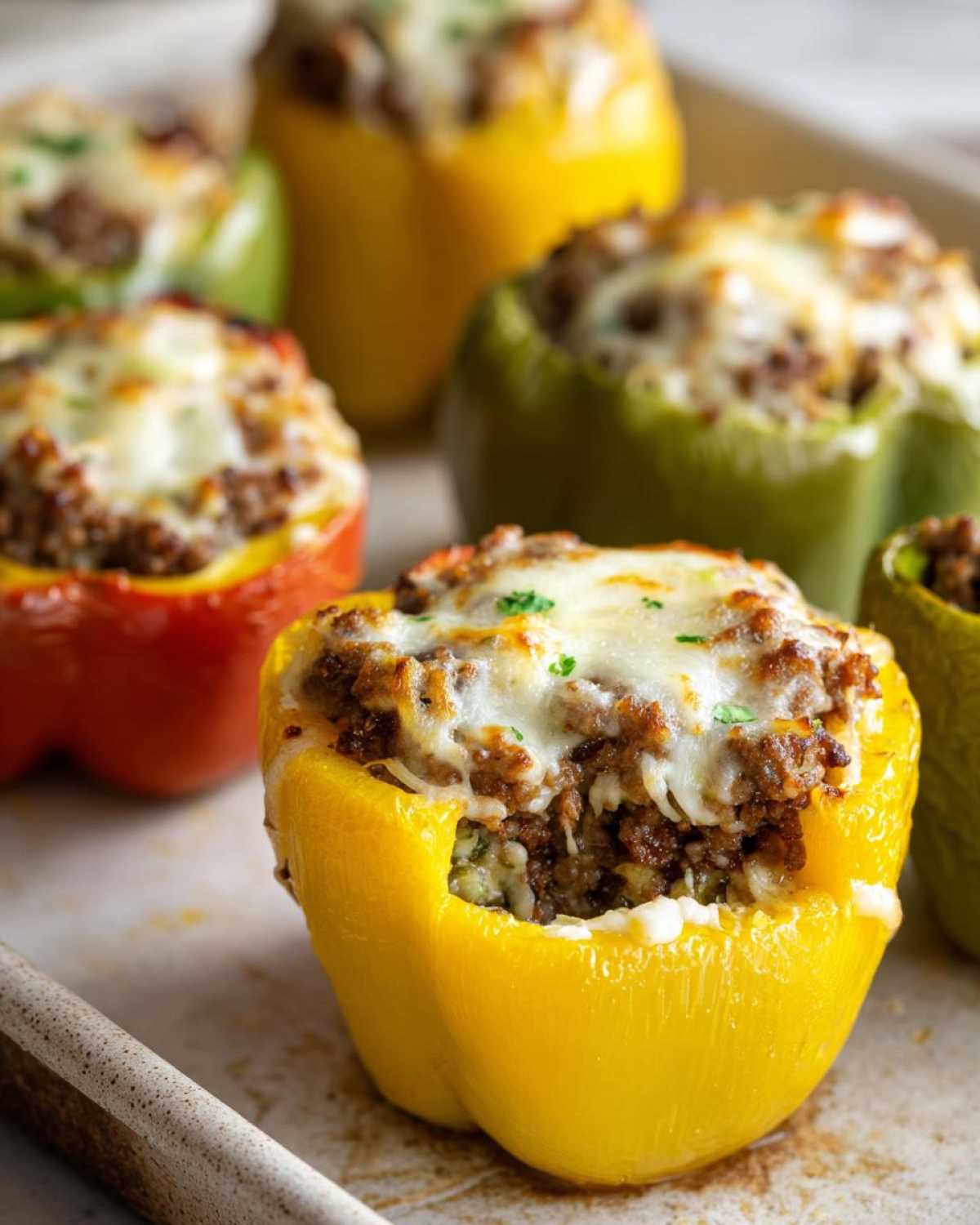 Close-up of a bright yellow Air Fryer Stuffed Bell Pepper filled with ground meat and topped with melted cheese.
