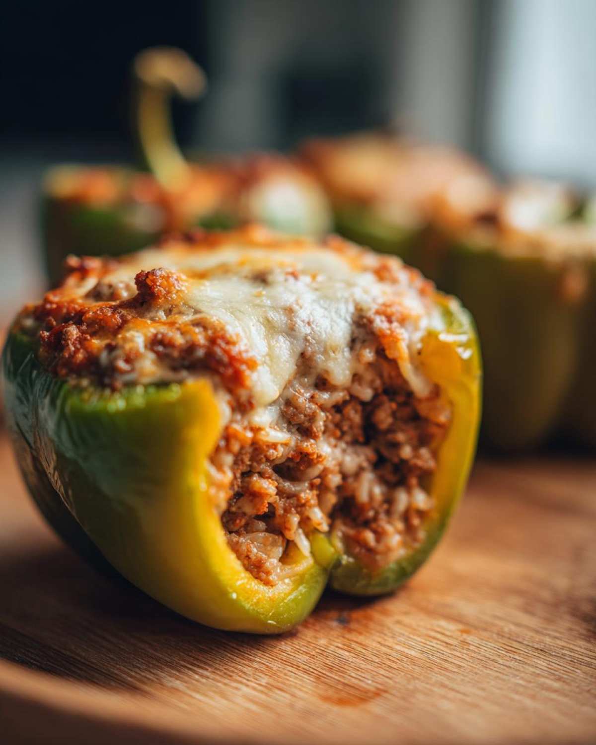 Close-up of a green Air Fryer Stuffed Bell Pepper, cut open to show the meat and rice filling topped with melted cheese.
