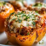Close-up of a golden yellow Air Fryer Stuffed Bell Pepper topped with melted cheese and fresh parsley.
