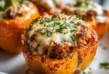 Close-up of a golden yellow Air Fryer Stuffed Bell Pepper topped with melted cheese and fresh parsley.