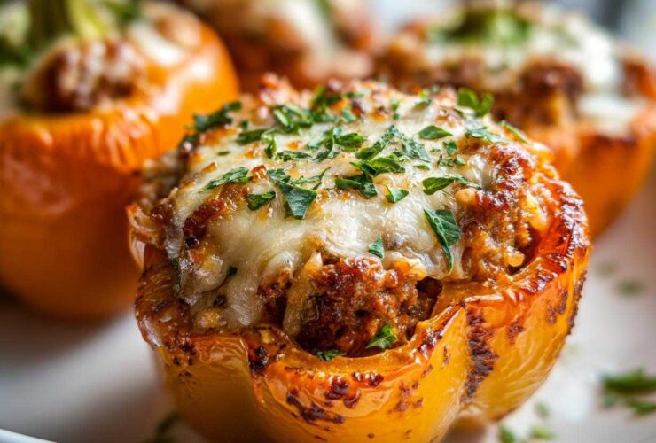 Close-up of a golden yellow Air Fryer Stuffed Bell Pepper topped with melted cheese and fresh parsley.