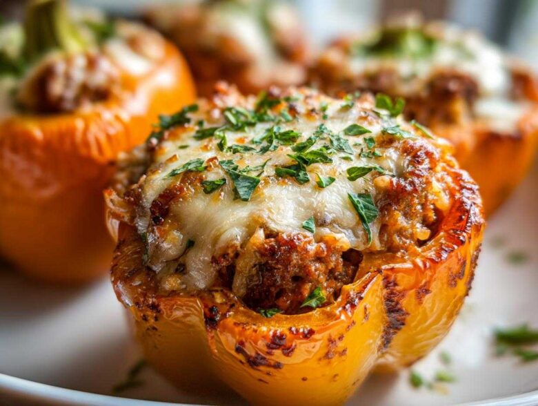 Close-up of a golden yellow Air Fryer Stuffed Bell Pepper topped with melted cheese and fresh parsley.