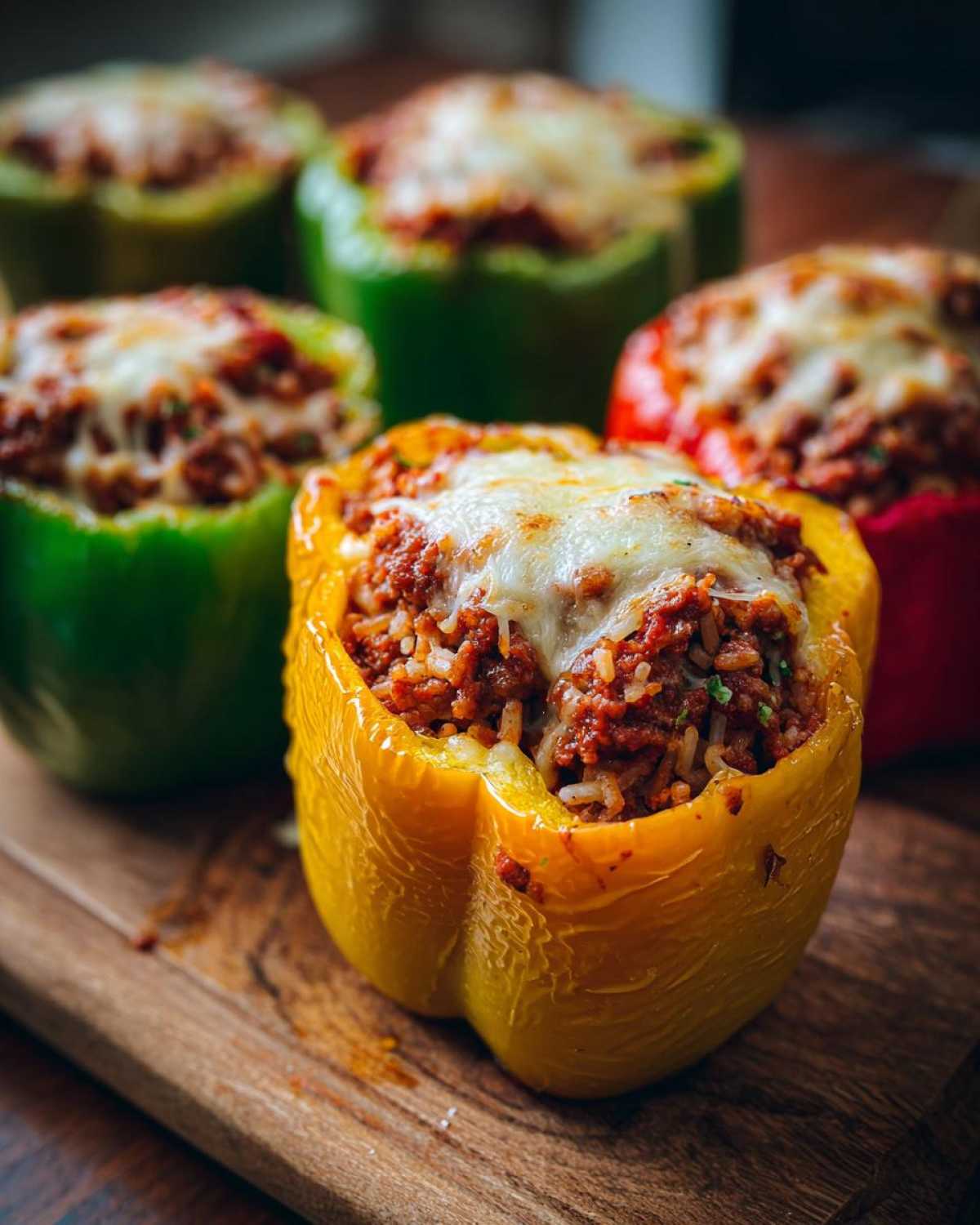 Close-up of a yellow Air Fryer Stuffed Bell Pepper topped with melted cheese, with other peppers in the background.
