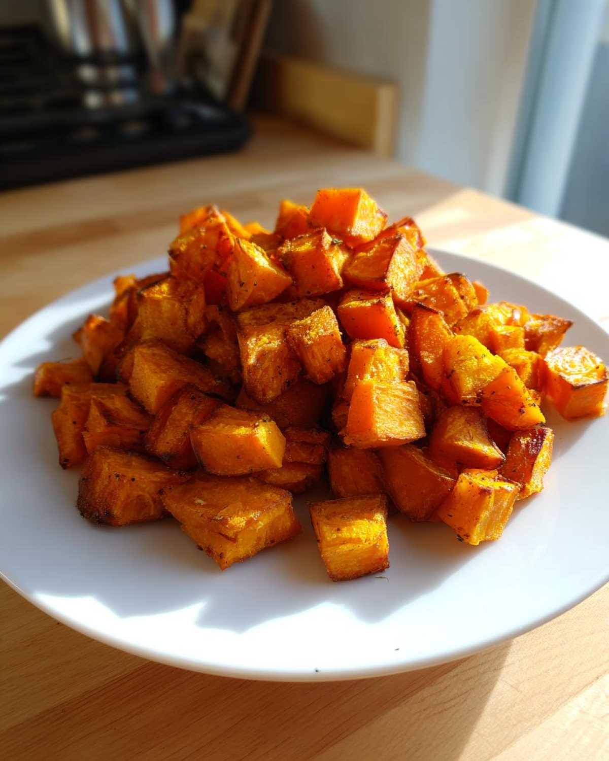 A pile of golden brown, crispy Air Fryer Sweet Potato Cubes seasoned and served on a white plate.