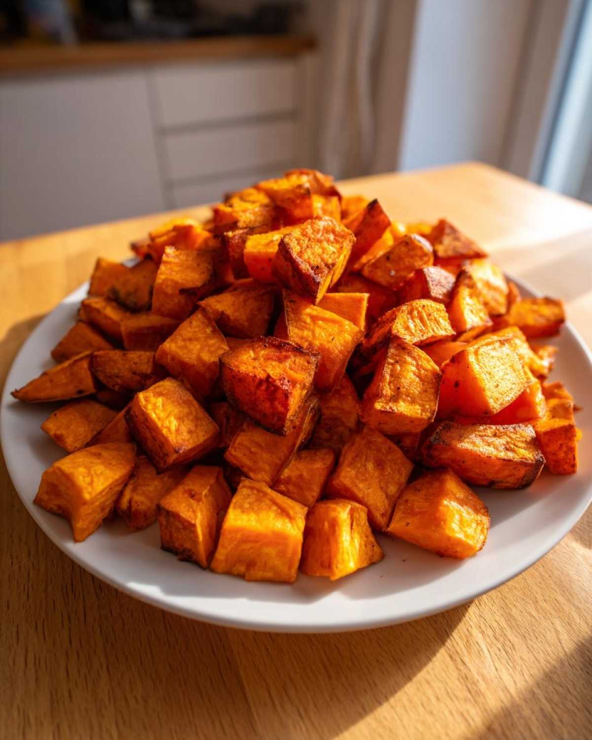 A large pile of golden brown, crispy Air Fryer Sweet Potato Cubes served on a white plate.