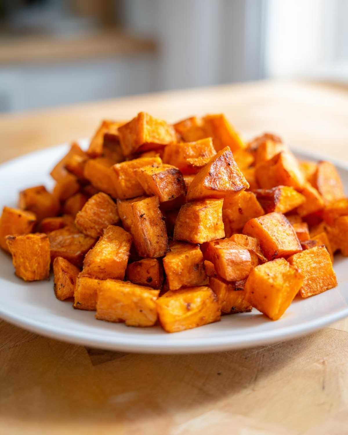 A close-up of a white plate piled high with golden brown Air Fryer Sweet Potato Cubes.