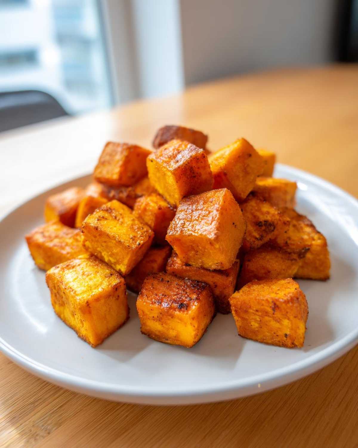 A close-up of perfectly seasoned and browned Air Fryer Sweet Potato Cubes piled on a white plate.