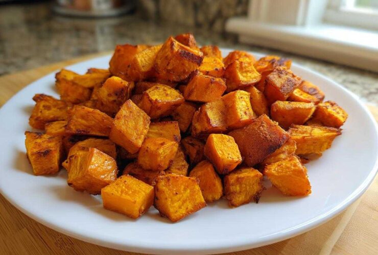 A white plate piled high with golden brown, seasoned Air Fryer Sweet Potato Cubes.