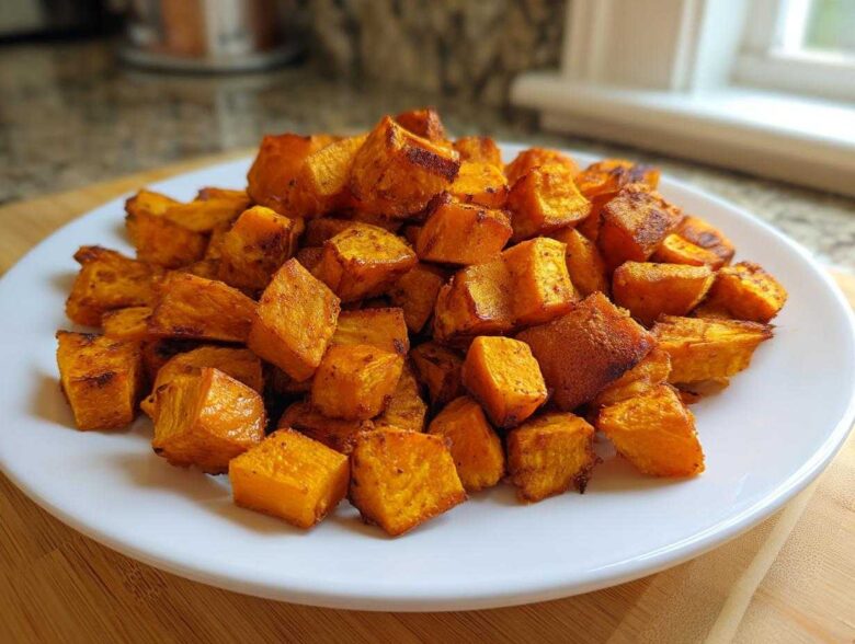A white plate piled high with golden brown, seasoned Air Fryer Sweet Potato Cubes.