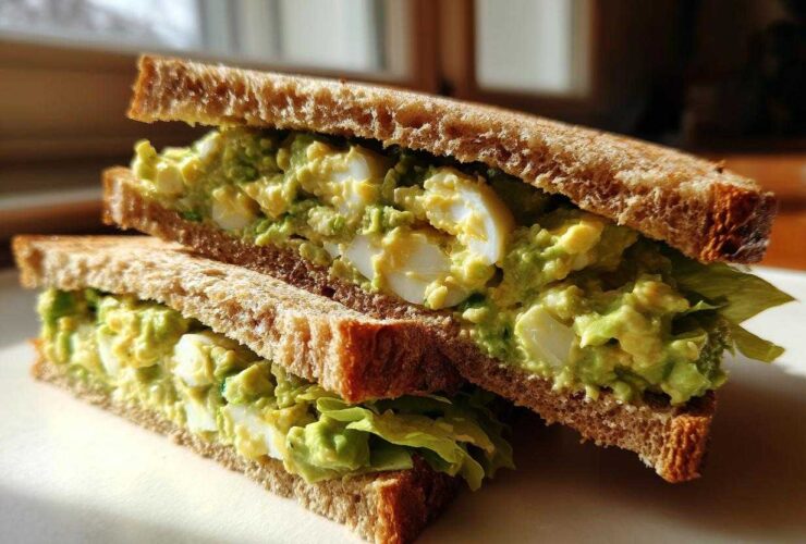 Two halves of an Avocado Egg Salad Sandwich stacked, showing creamy green filling and sliced hard-boiled eggs on toasted whole wheat bread.