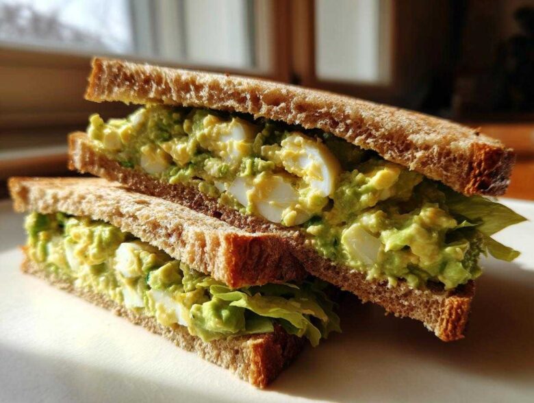 Two halves of an Avocado Egg Salad Sandwich stacked, showing creamy green filling and sliced hard-boiled eggs on toasted whole wheat bread.
