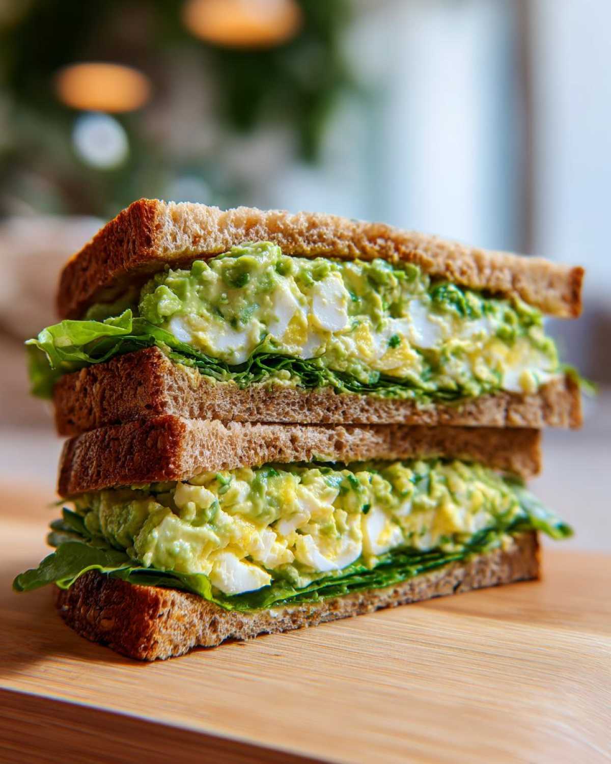 Two halves of an Avocado Egg Salad Sandwich stacked, featuring creamy green filling and crisp lettuce on whole wheat bread.