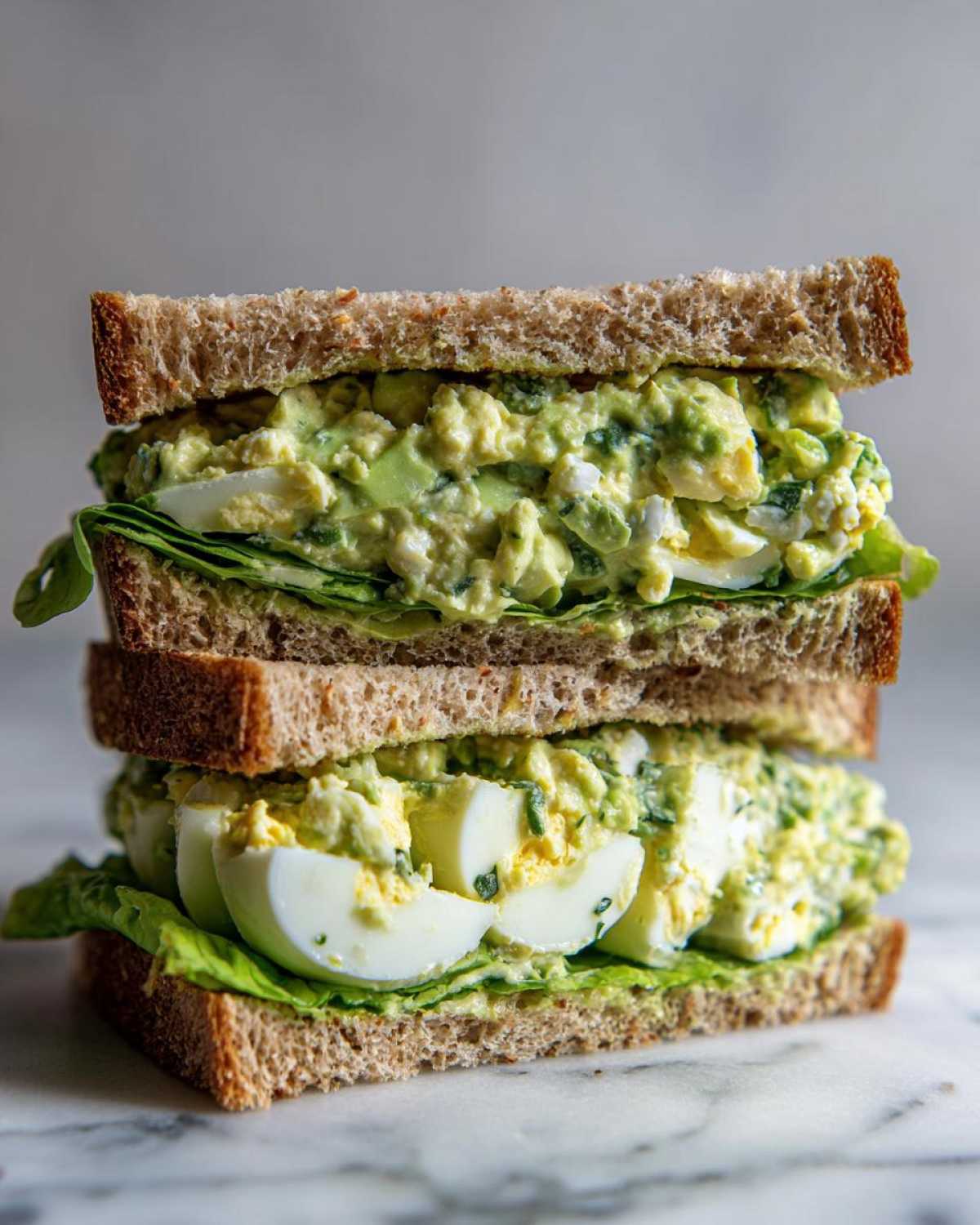 A tall, stacked Avocado Egg Salad Sandwich made with whole wheat bread, lettuce, and visible slices of hard-boiled egg.