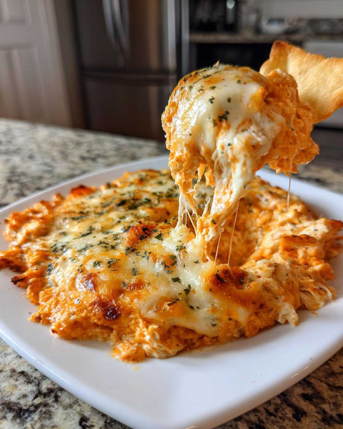 A scoop of hot Baked Buffalo Chicken Dip being lifted with a chip, showing extreme cheese pull.