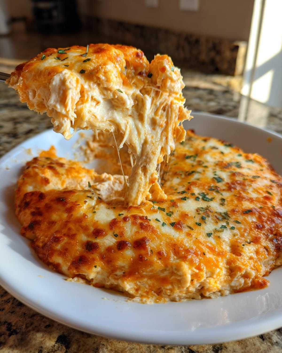 A spoonful of hot, cheesy Baked Buffalo Chicken Dip is lifted, showing long cheese pulls over the rest of the dip.