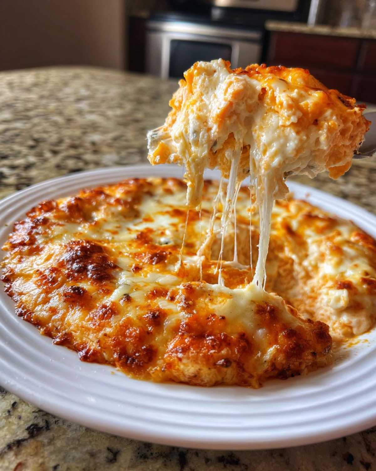 A spoonful of hot Baked Buffalo Chicken Dip showing extreme cheese pull over the bubbly, browned dip.