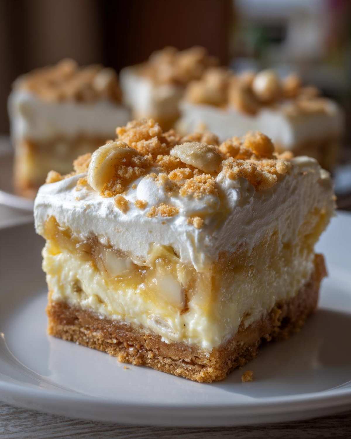 A decadent slice of Banana Pudding Cheesecake Bars showing three distinct layers: crust, cheesecake, and whipped topping with bananas.