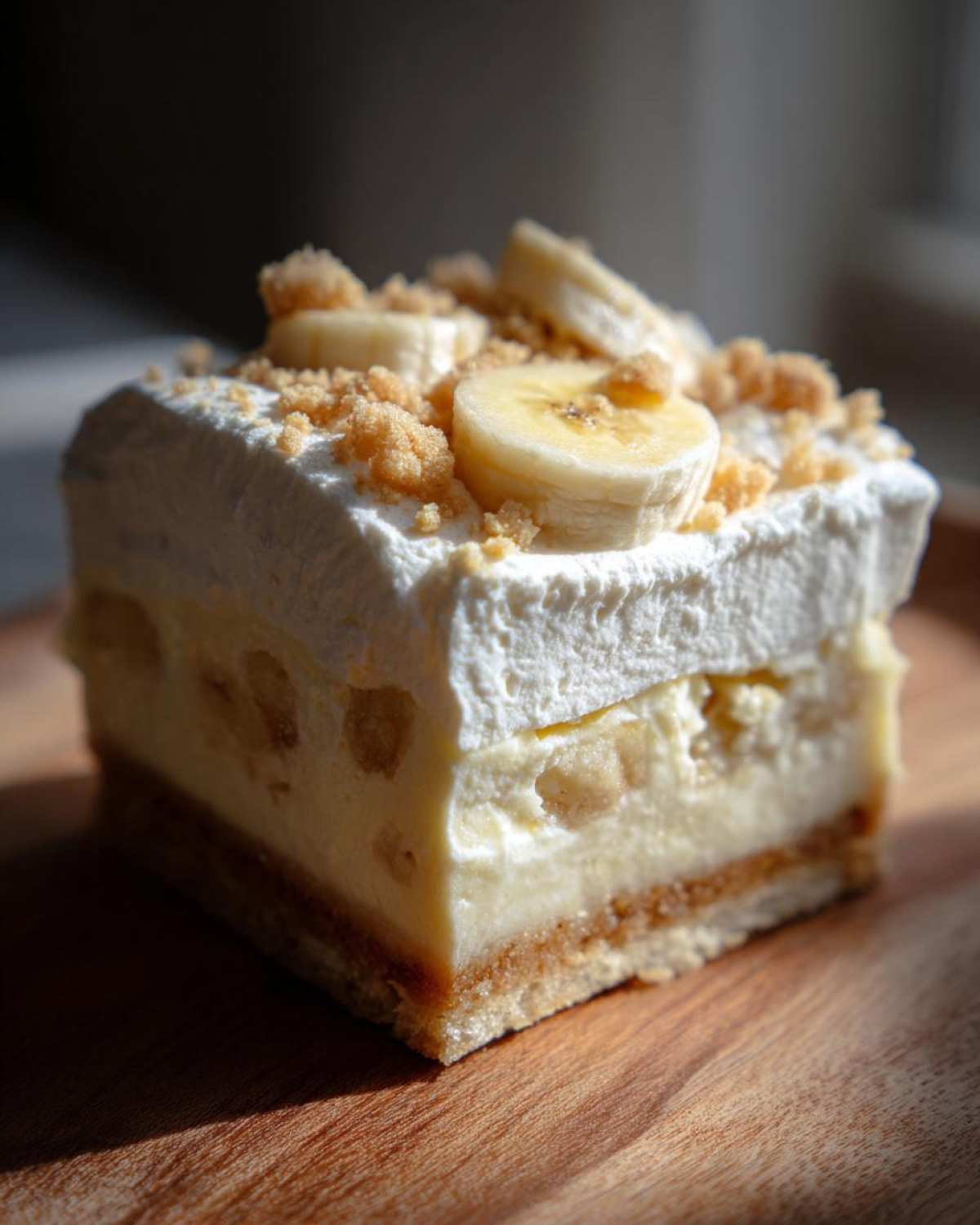 A close-up of a single serving of Banana Pudding Cheesecake Bars topped with whipped cream, banana slices, and crumbs.