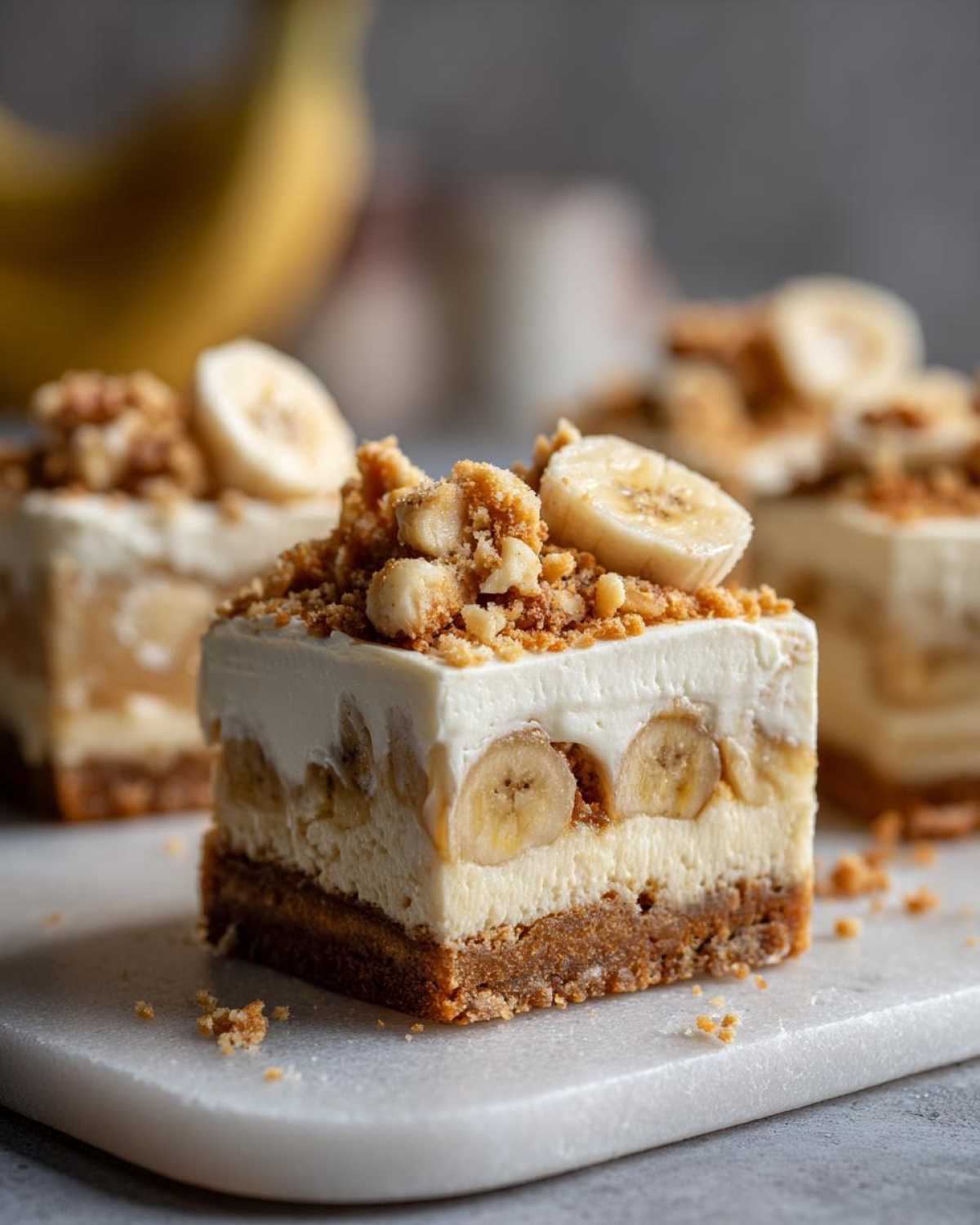 Close-up of a layered Banana Pudding Cheesecake Bars slice topped with cream, nuts, and banana slices.