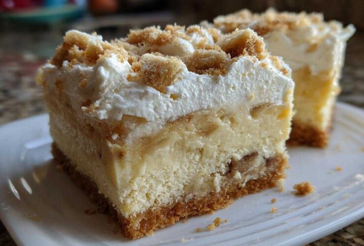 A decadent slice of Banana Pudding Cheesecake Bars showing graham cracker crust, creamy layers, and whipped topping.