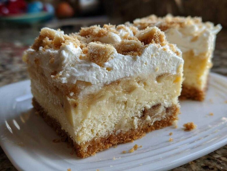 A decadent slice of Banana Pudding Cheesecake Bars showing graham cracker crust, creamy layers, and whipped topping.