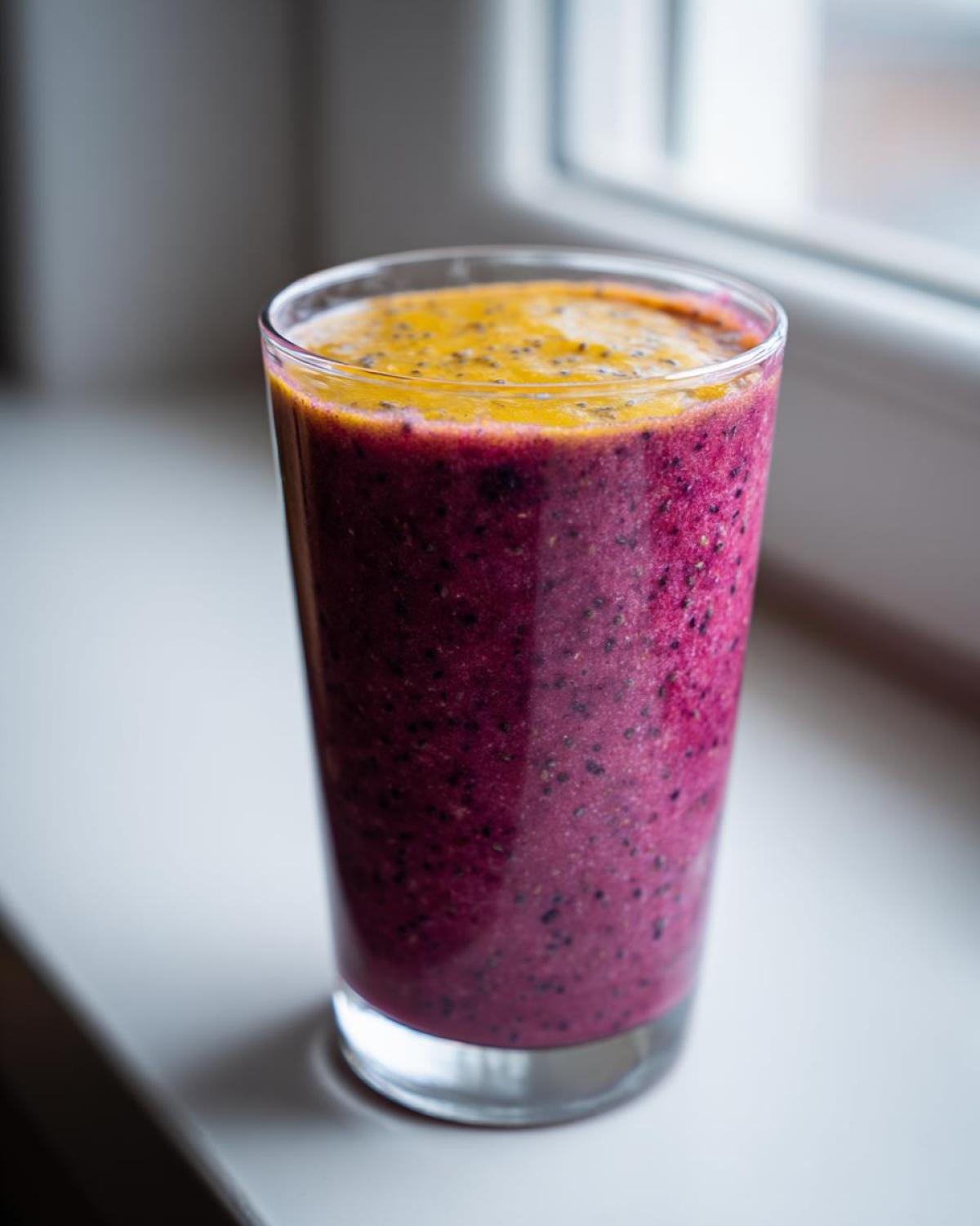 A tall glass filled with a vibrant purple Blueberry Lemon Chia Smoothie, topped with a layer of yellow puree and chia seeds.