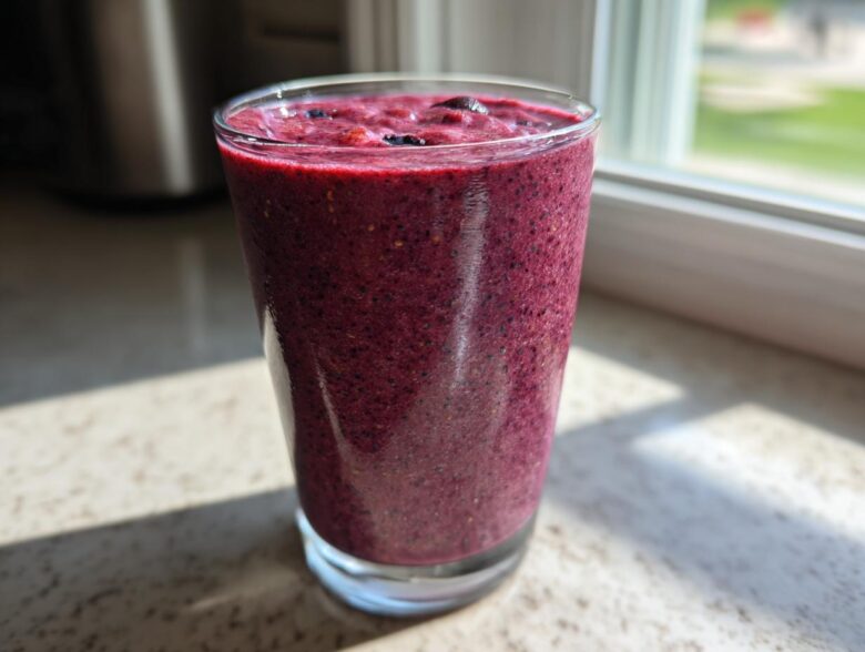 A tall glass filled with a thick, deep purple Blueberry Lemon Chia Smoothie sitting on a sunlit countertop.