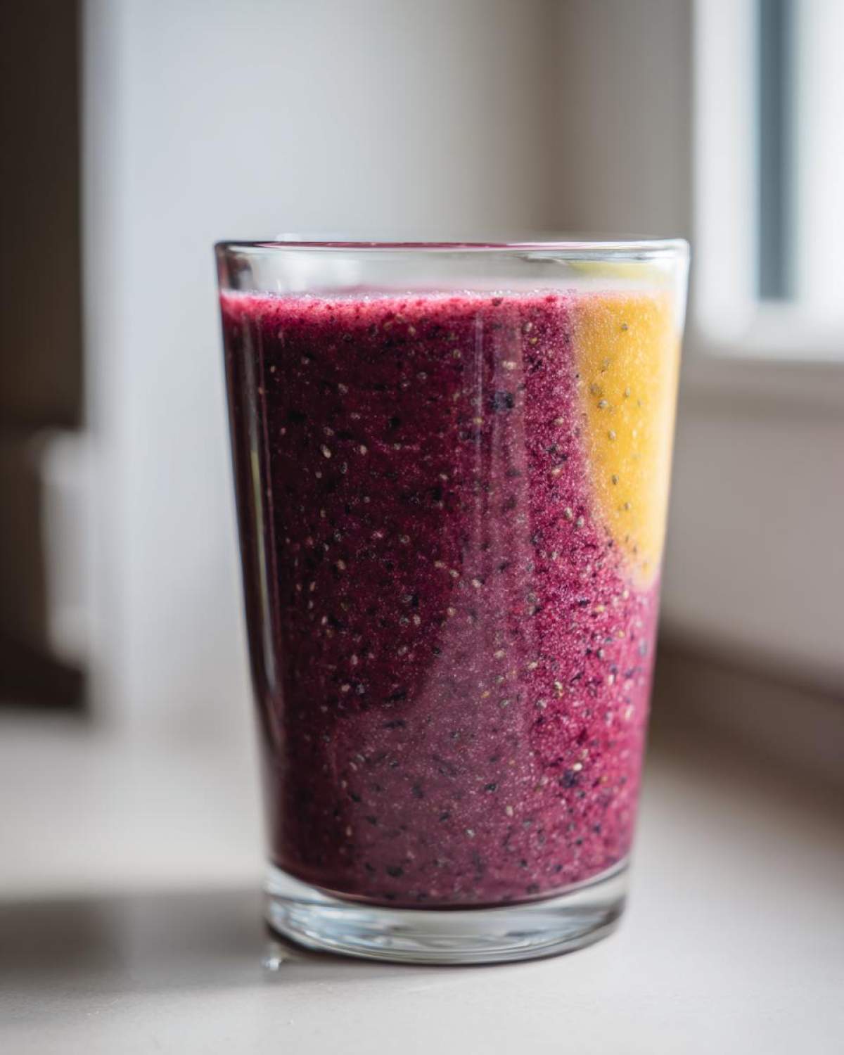 Close-up of a layered Blueberry Lemon Chia Smoothie showing deep purple and yellow sections with visible chia seeds.