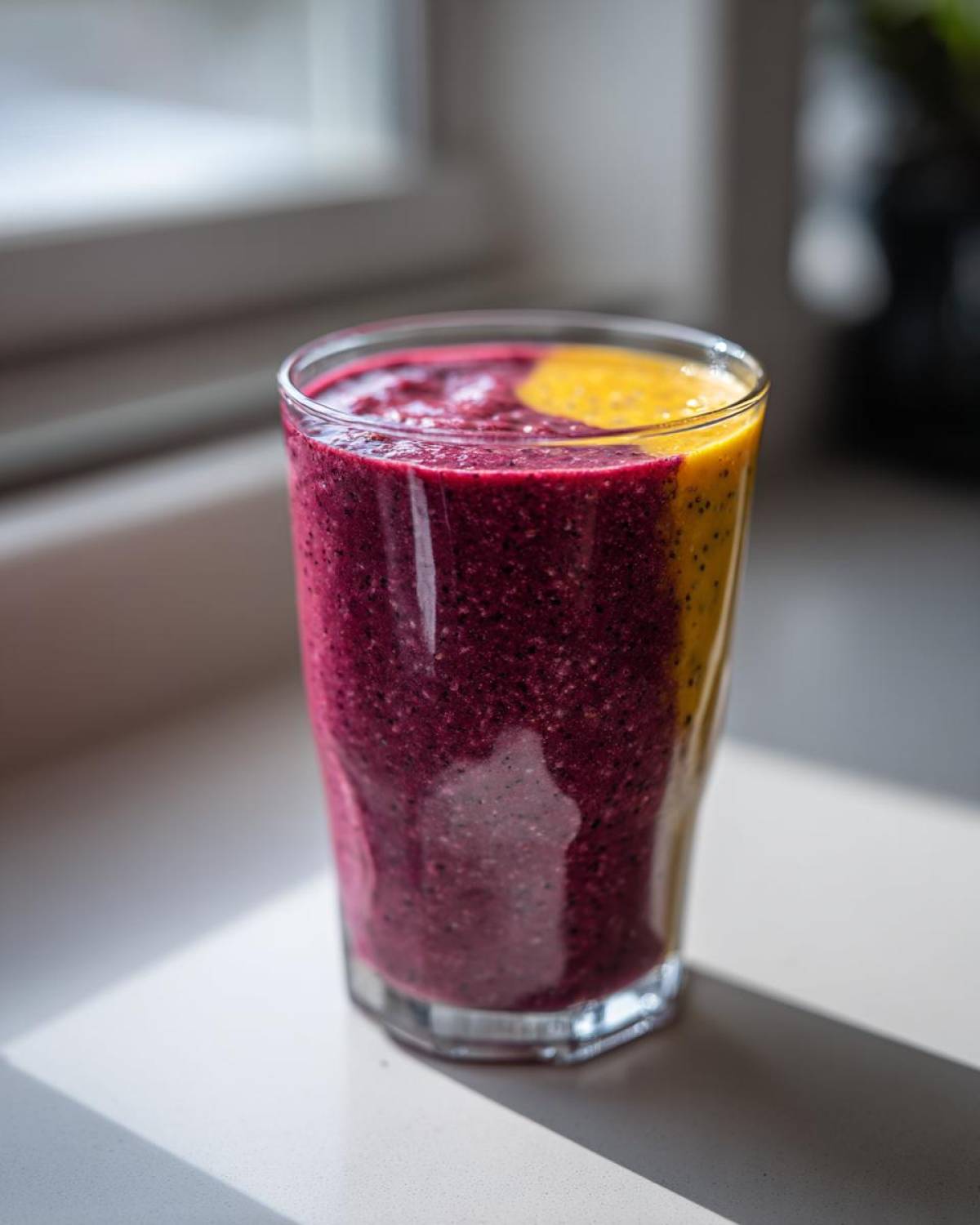 Close-up of a layered Blueberry Lemon Chia Smoothie with purple and yellow sections in a tall glass.