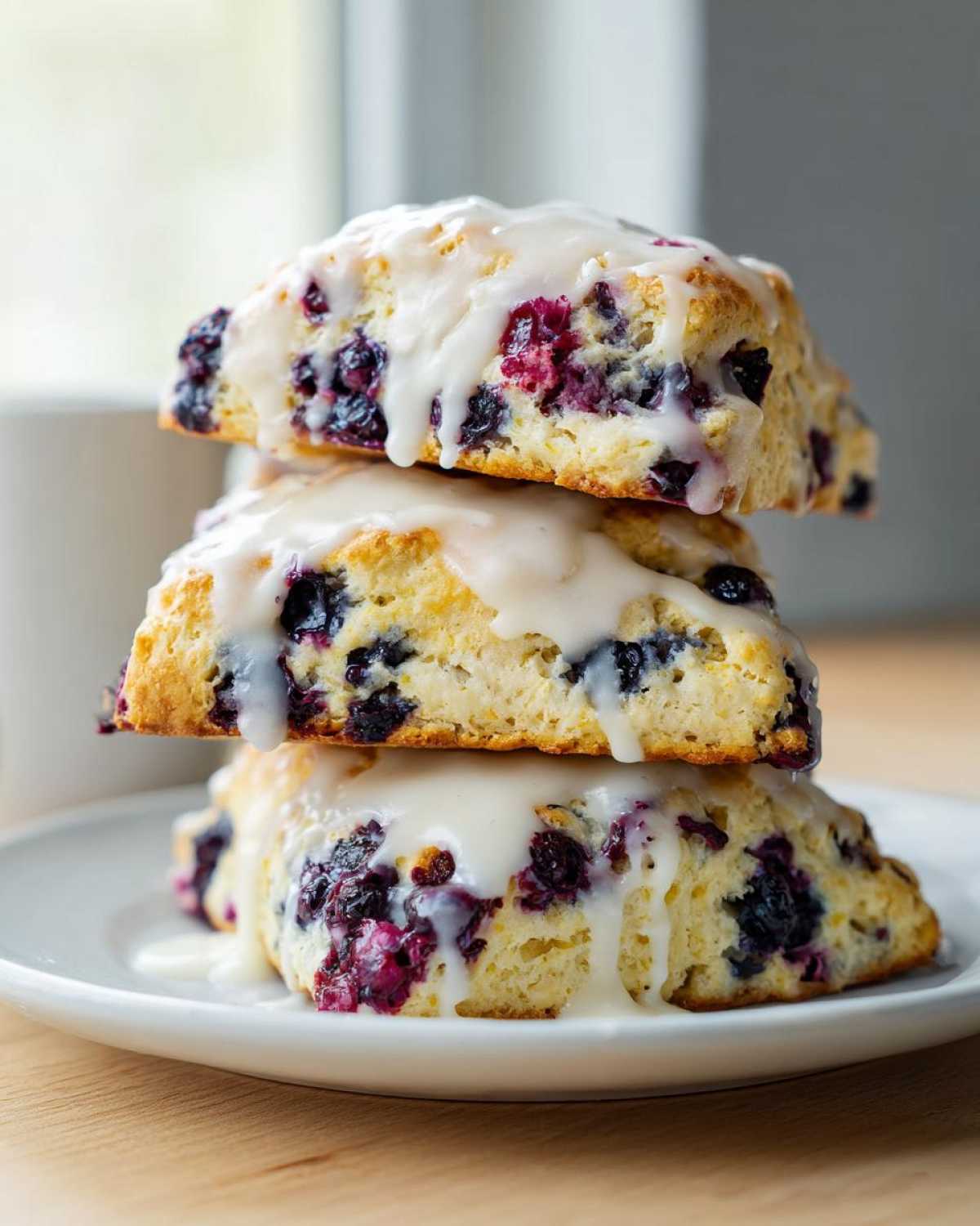 Three freshly baked Blueberry Lemon Scones stacked and drizzled with sweet white glaze.