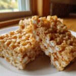 Two squares of gooey Brown Butter Rice Krispie Treat Bars stacked slightly on a white plate.