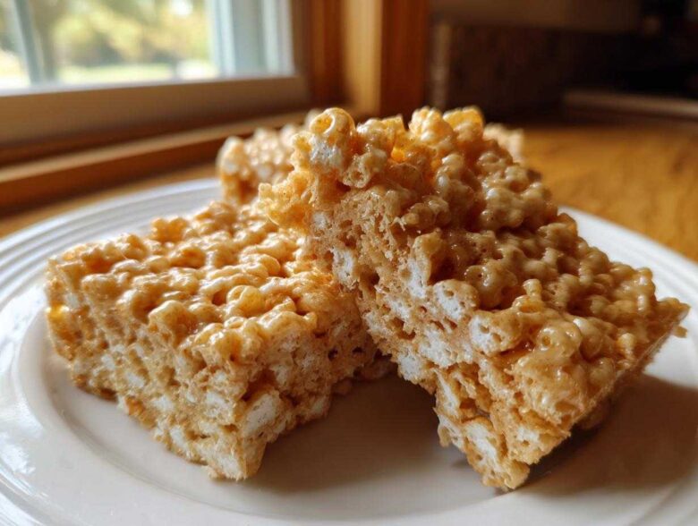 Two squares of gooey Brown Butter Rice Krispie Treat Bars stacked slightly on a white plate.