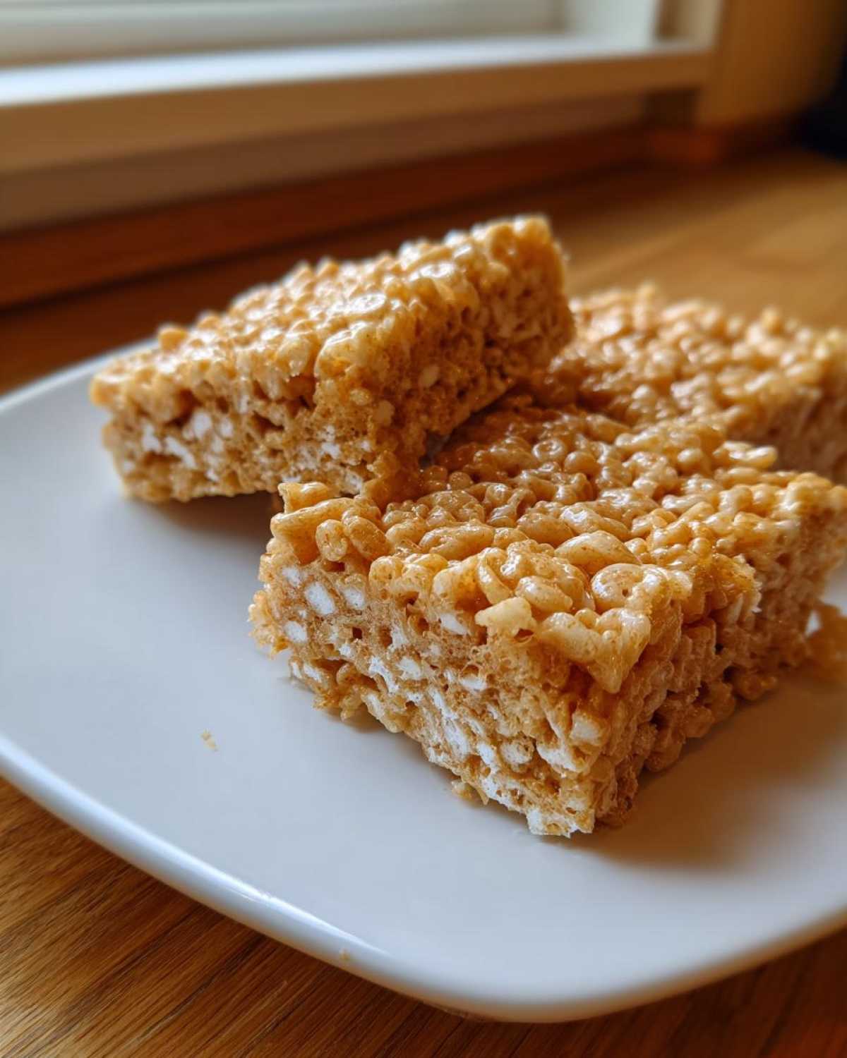 Three golden-brown Brown Butter Rice Krispie Treat Bars stacked slightly on a white square plate.