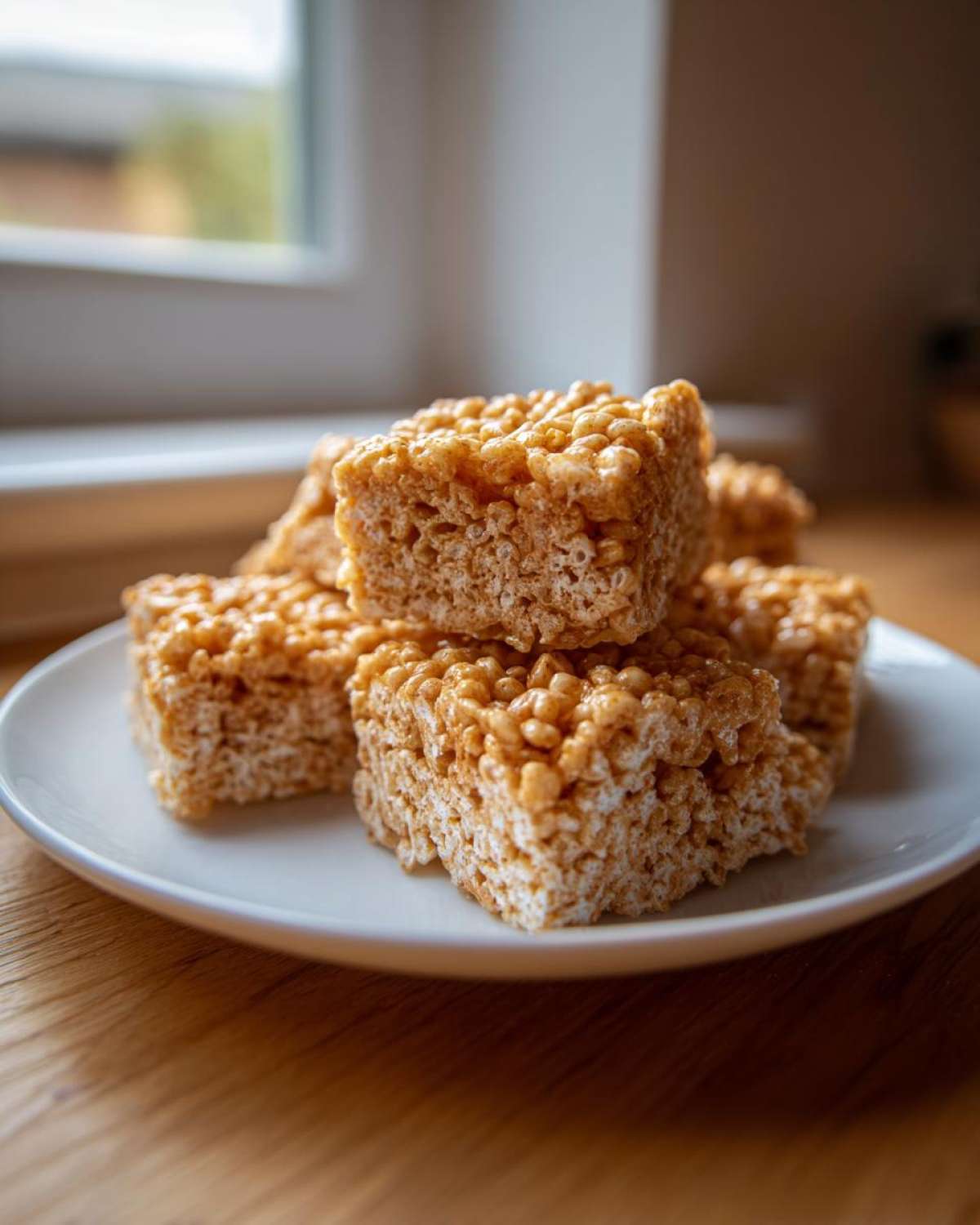 A close-up stack of golden Brown Butter Rice Krispie Treat Bars resting on a white plate near a window.