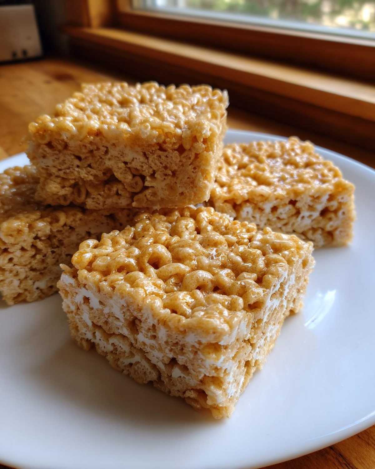 Four thick, square Brown Butter Rice Krispie Treat Bars stacked slightly on a white plate near a window.