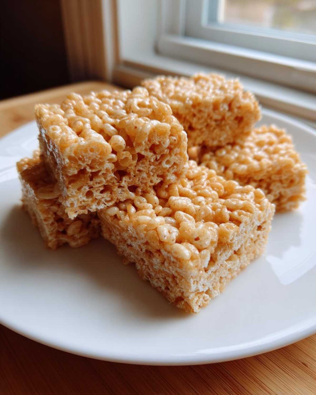 Four squares of chewy Brown Butter Rice Krispie Treat Bars stacked slightly on a white plate near a window.