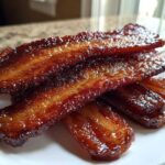 Close-up of crispy, shiny Brown Sugar Glazed Bacon stacked on a white plate.