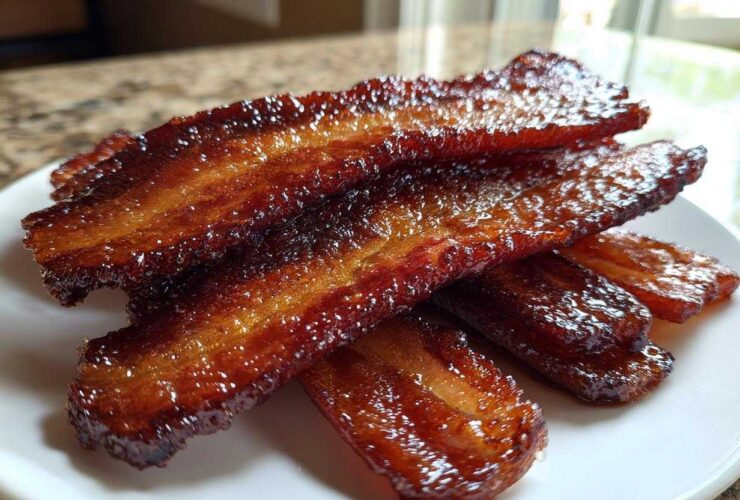 Close-up of crispy, shiny Brown Sugar Glazed Bacon stacked on a white plate.