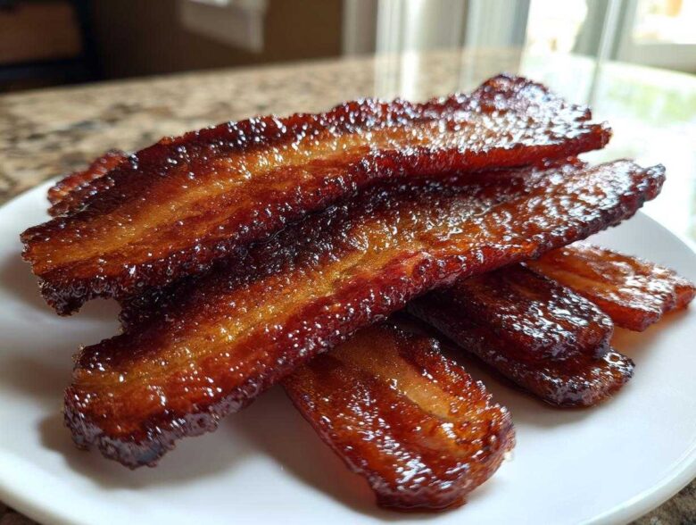 Close-up of crispy, shiny Brown Sugar Glazed Bacon stacked on a white plate.