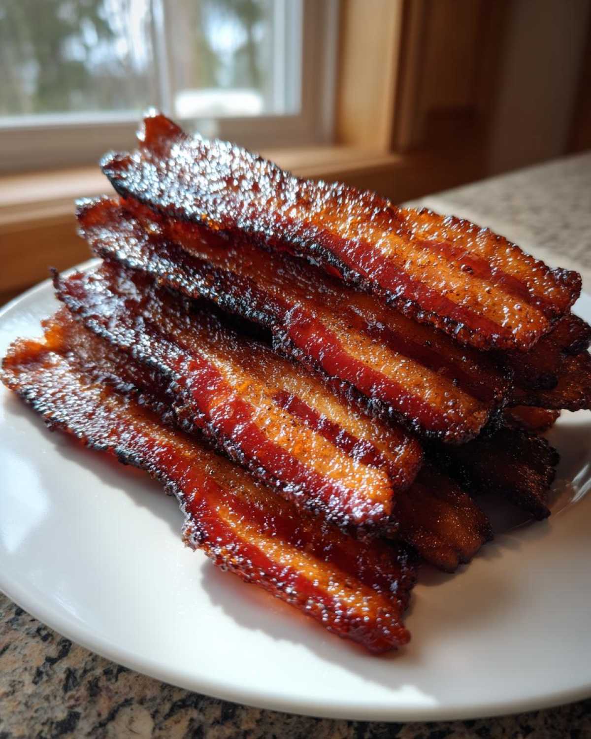 A stack of perfectly cooked Brown Sugar Glazed Bacon strips glistening on a white plate.
