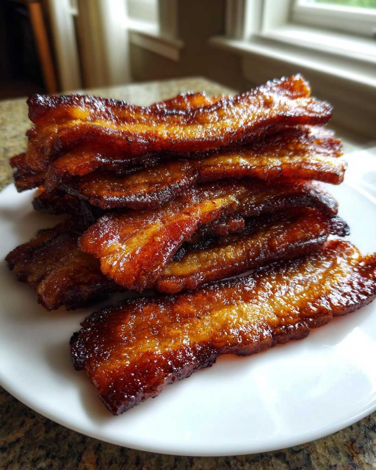 A tall stack of glossy, caramelized Brown Sugar Glazed Bacon piled on a white plate.