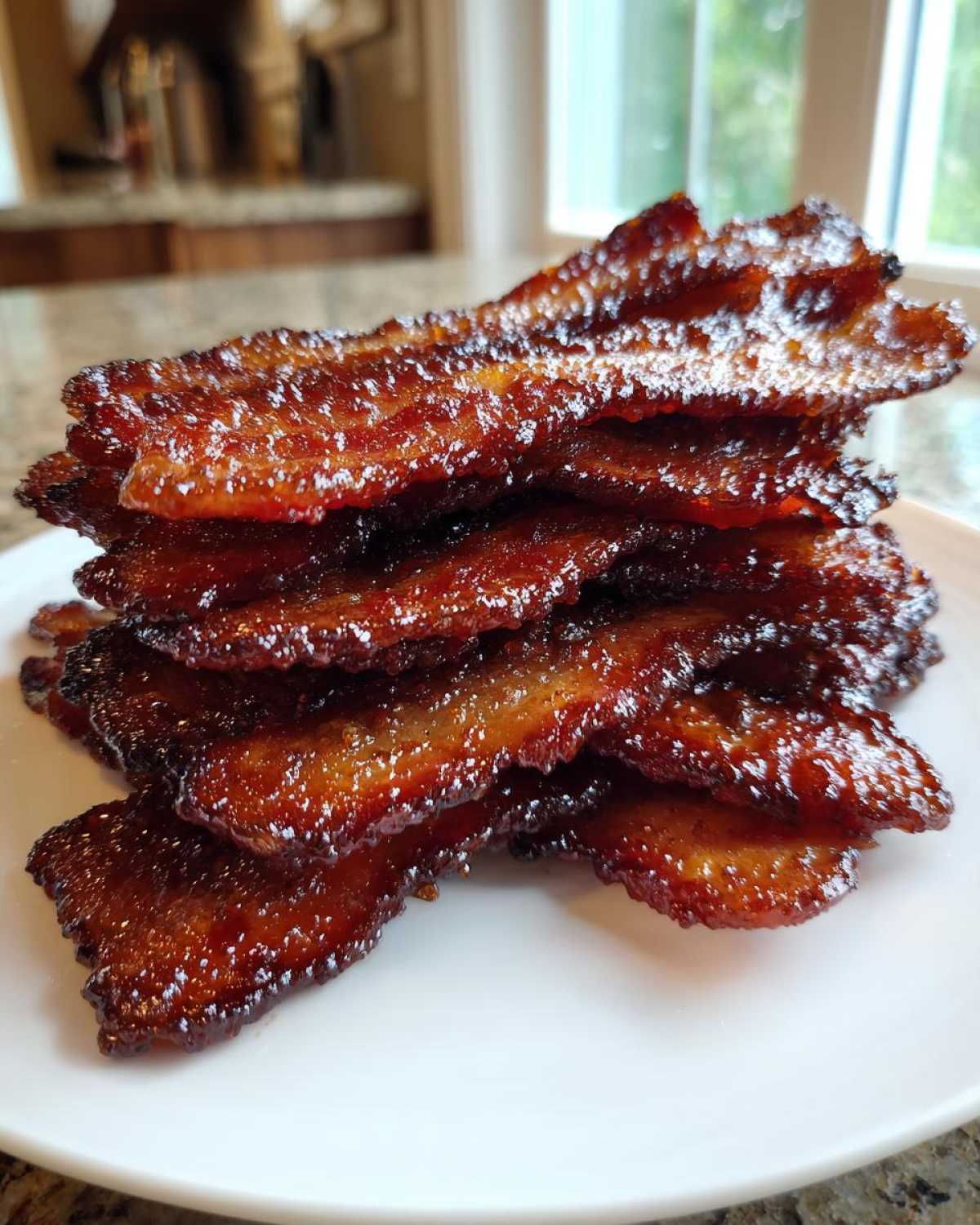 A stack of perfectly cooked Brown Sugar Glazed Bacon slices glistening with a thick, dark glaze on a white plate.