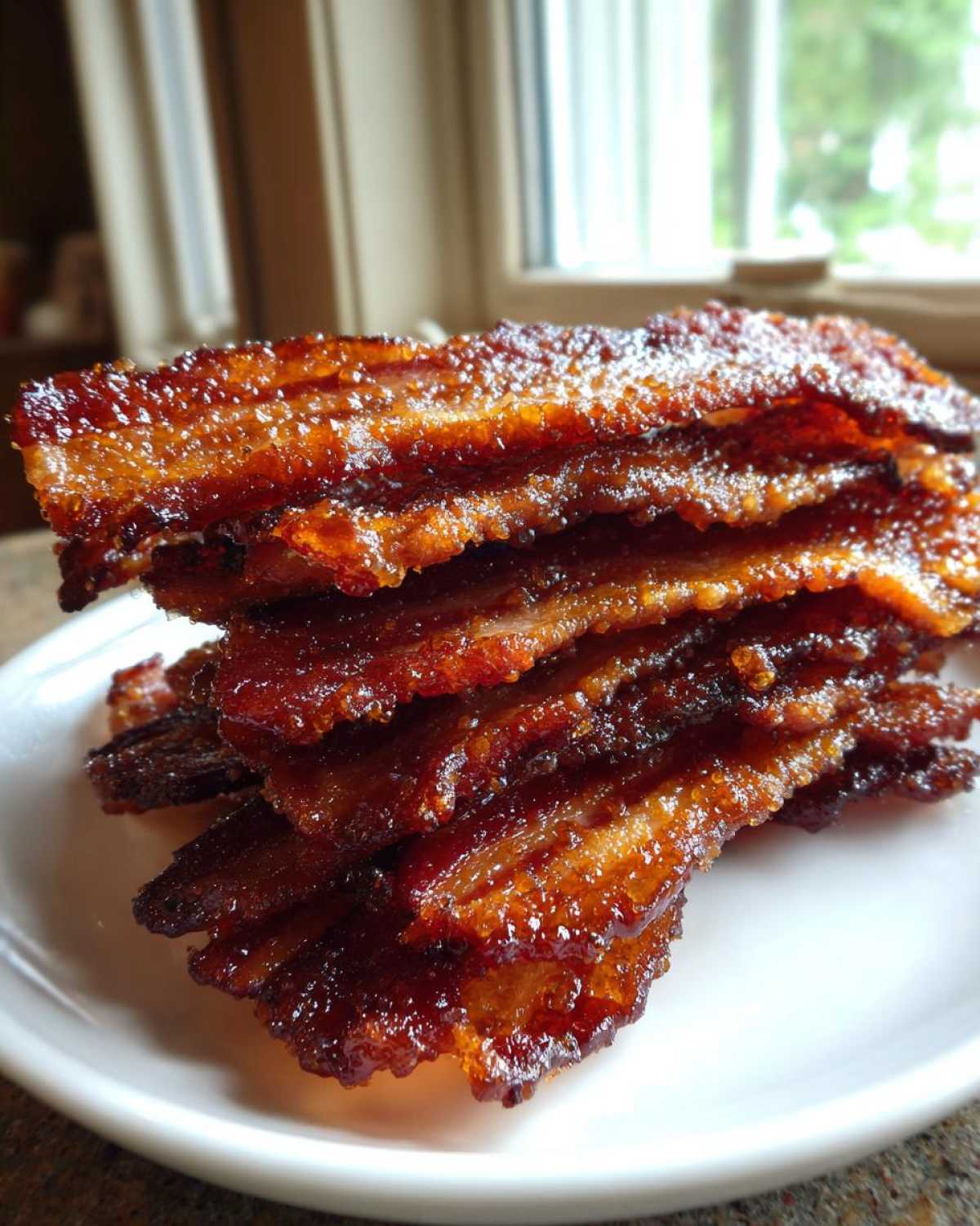 Close-up of a stack of crispy, shiny Brown Sugar Glazed Bacon slices on a white plate.