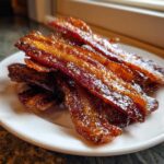 Several crispy strips of Brown Sugar Glazed Bacon piled on a white plate, glistening with a thick, caramelized coating.