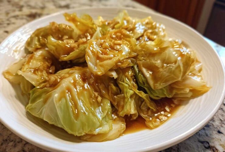 Close-up of tender cabbage wedges coated in a glossy garlic ginger sauce, ready to serve.
