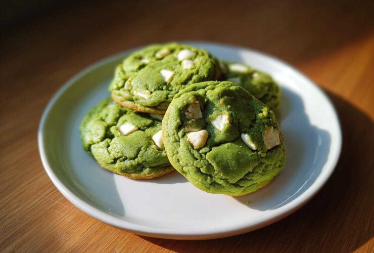 Four vibrant green Chewy Matcha White Chocolate Cookies studded with white chocolate chunks on a white plate.
