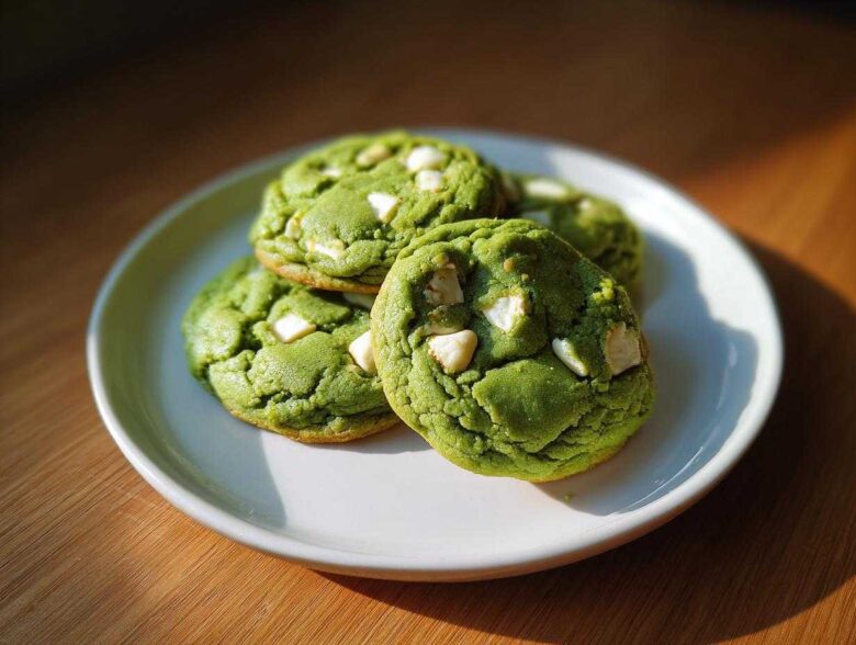 Four vibrant green Chewy Matcha White Chocolate Cookies studded with white chocolate chunks on a white plate.