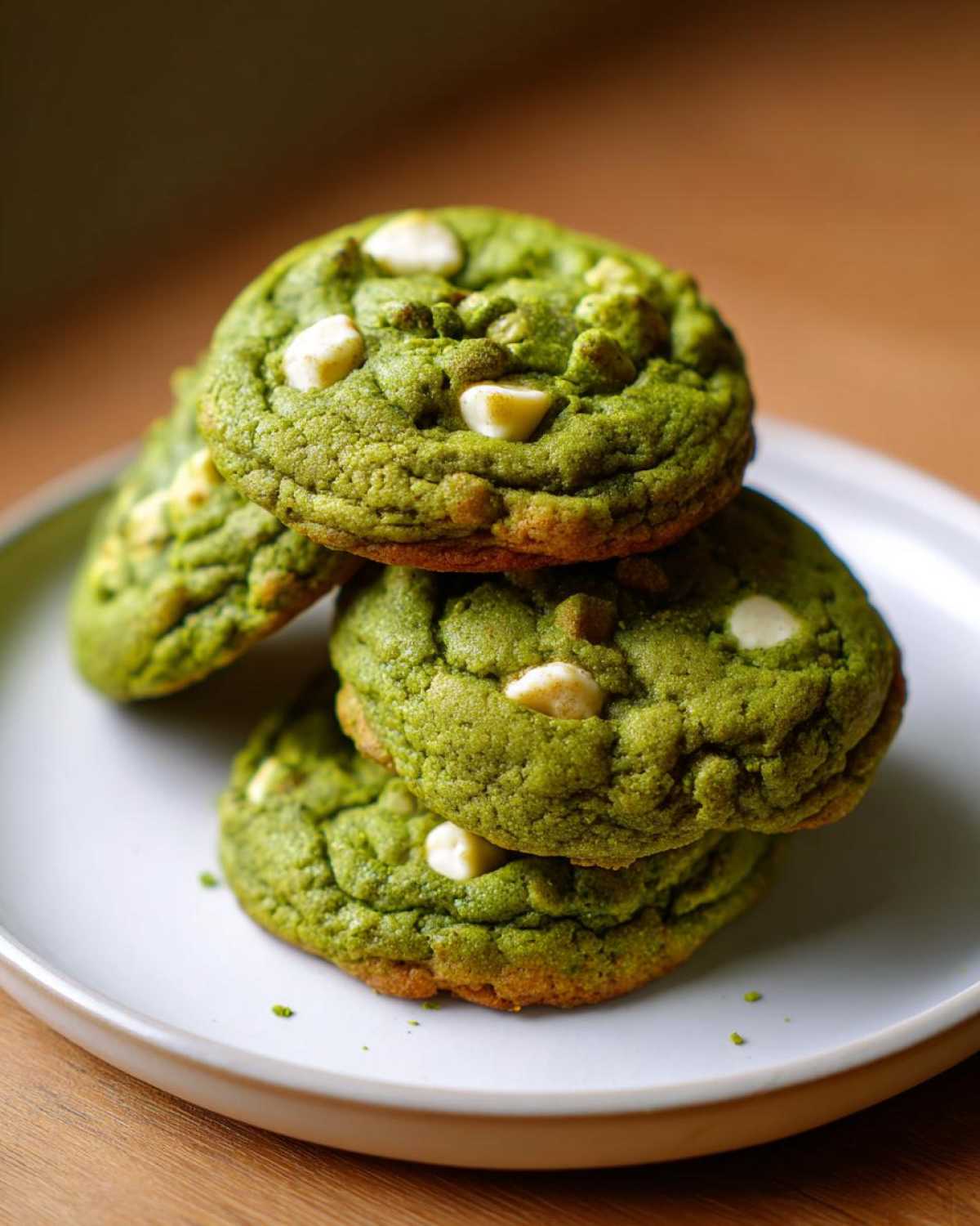 A stack of four vibrant green, chewy matcha white chocolate cookies on a light gray plate.
