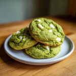 Three vibrant green, chewy matcha white chocolate cookies stacked on a small speckled plate.